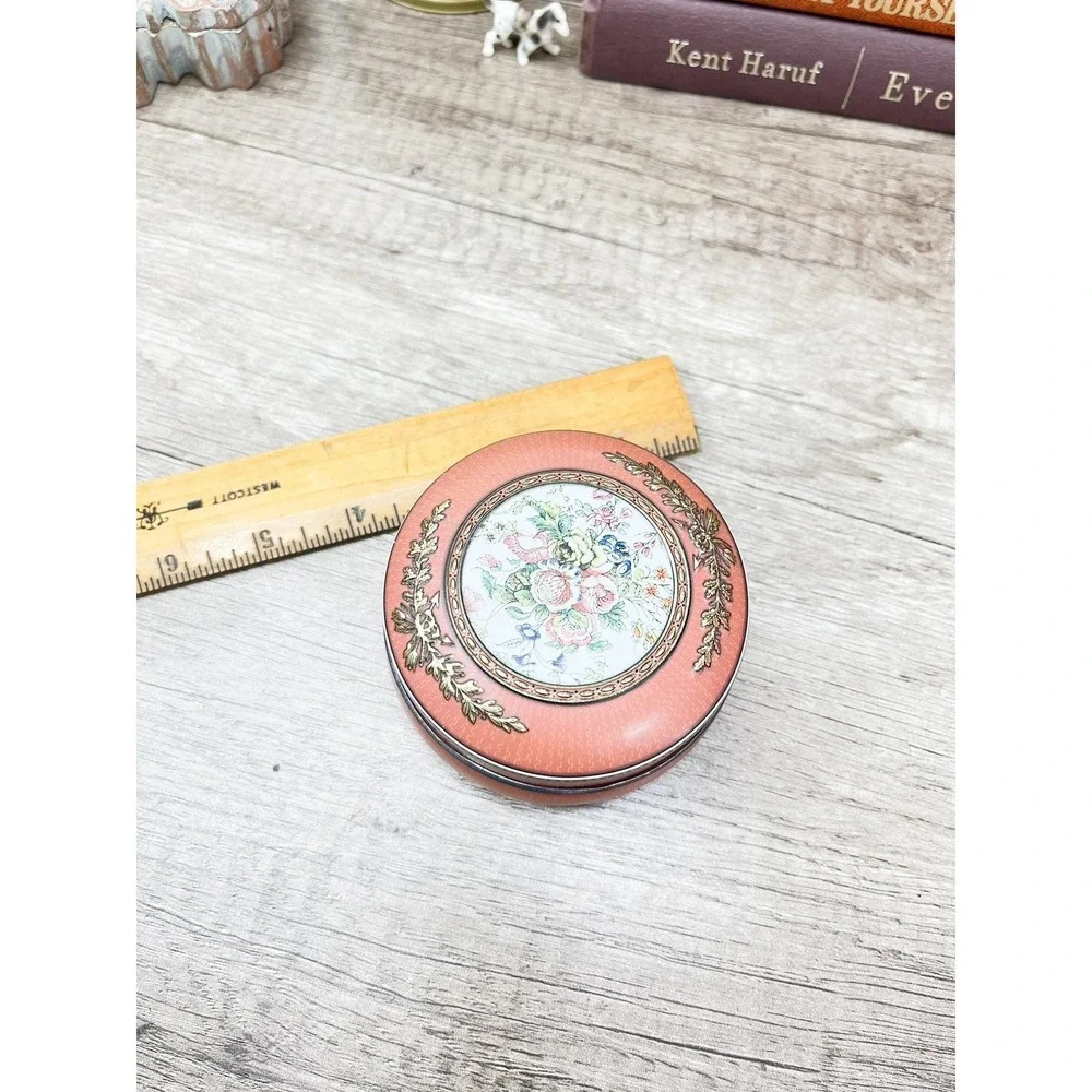 Vintage Pink Floral Tin, Gold Metal Storage Tin Made in England